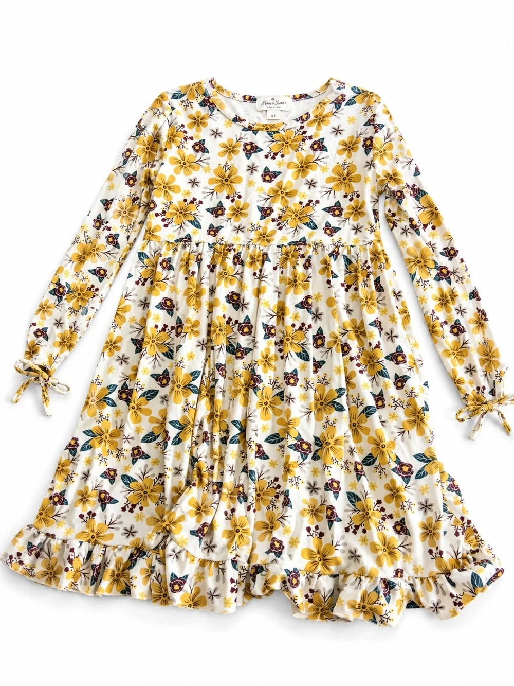 NWOT Marie Nicole 5xlGirls' Cream Floral Tiered Long-Sleeve Dress in Yellow